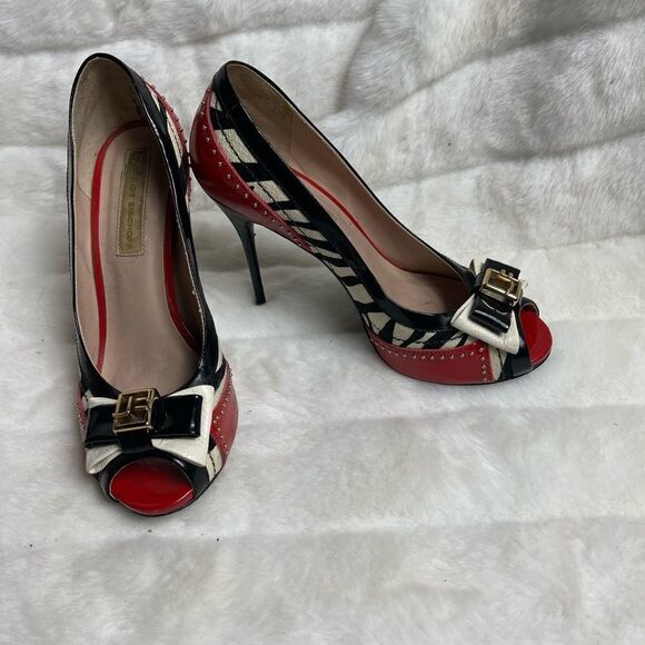 Jorge Bishoff Red patent leather,black white stripes textile peep toe he… - Picture 4 of 10